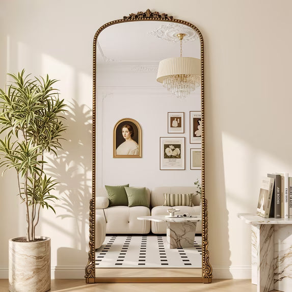 Antok Ornate Arched Full Length Mirror, Vintage Carved Metal Frame Floor Mirror
