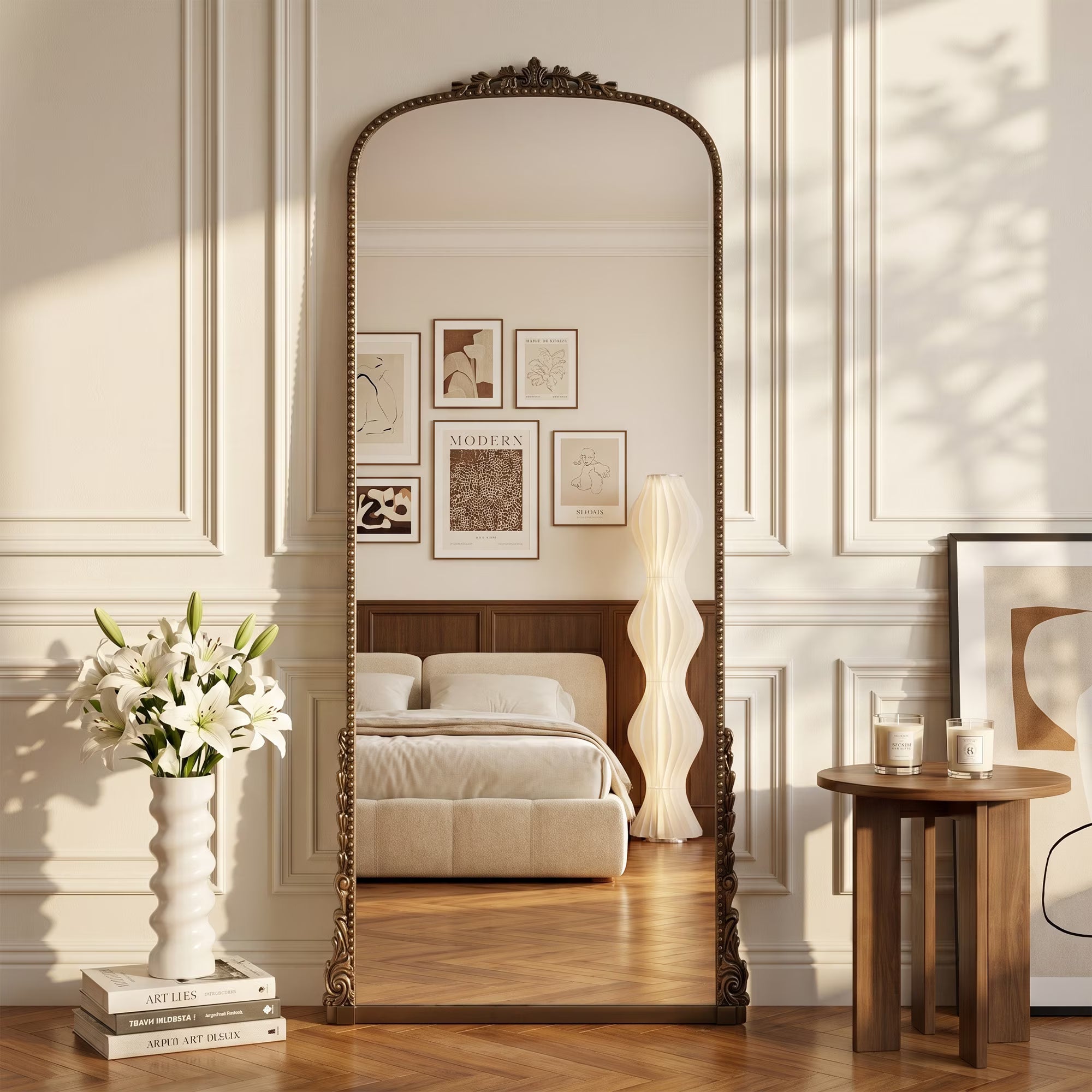 Antok Ornate Arched Full Length Mirror, Vintage Carved Metal Frame Floor Mirror