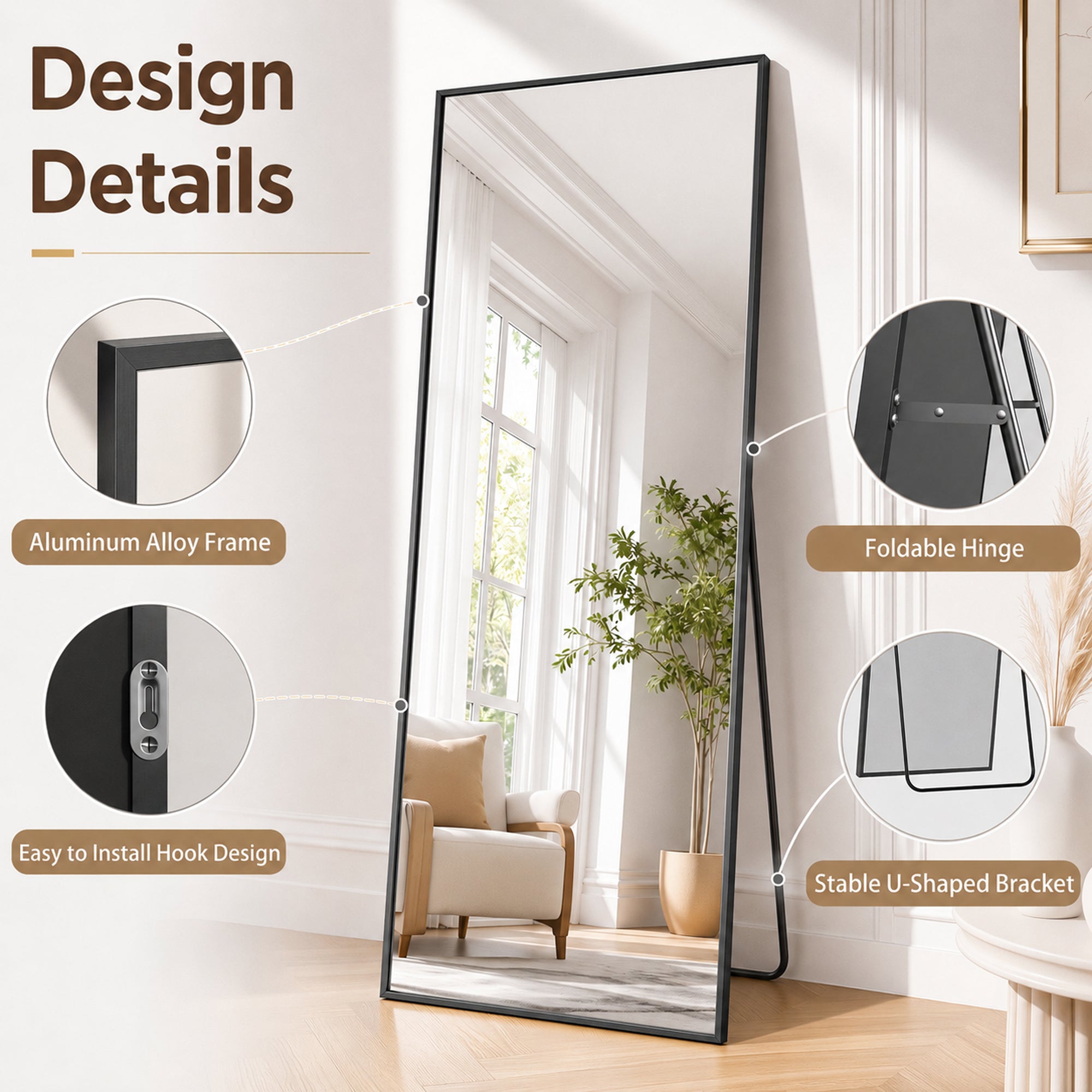 Antok Full Length Mirror, Wall Mounted Hanging Mirror with Aluminum Alloy Frame