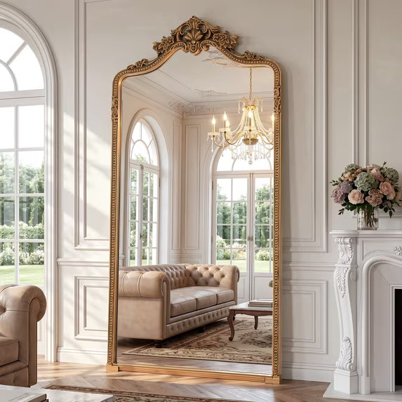 Antok Ornate Arched Full Length Mirror, Vintage Carved Metal Frame Floor Mirror