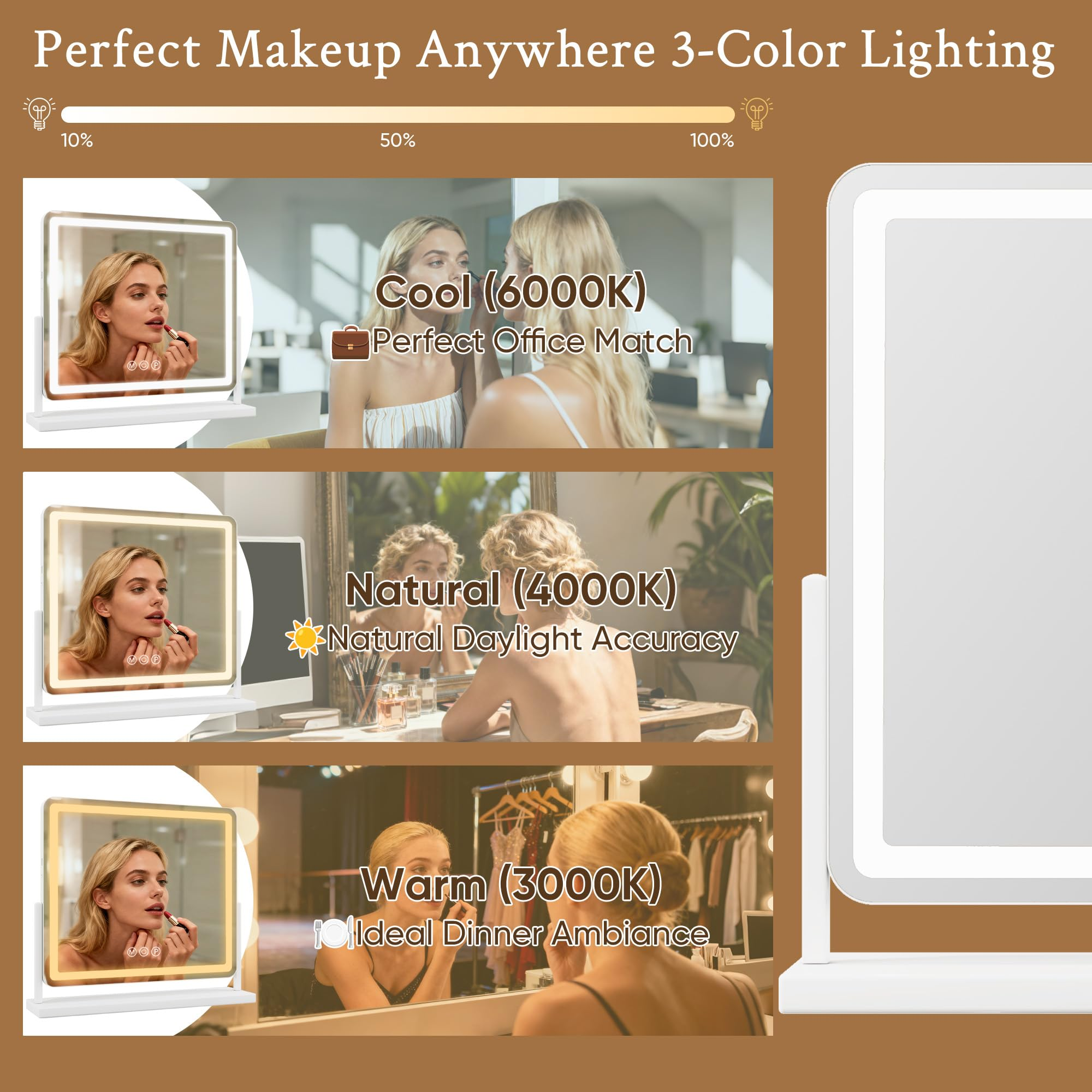 Antok Vanity Mirror with Lights, Lighted Makeup Mirror, Smart Touch, 3 Color Modes and Brightness Adjustable, LED Vanity Mirror with Detachable 10X Magnification, 360° Rotation for Makeup Desk