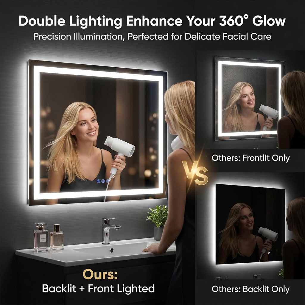 Antok LED Bathroom Mirror with Lights, Anti-Fog, Dimmable, Lighted Vanity Mirror with Tempered Glass, Memory Function, Safe Use, Horizontal, Vertical, Wall Mount