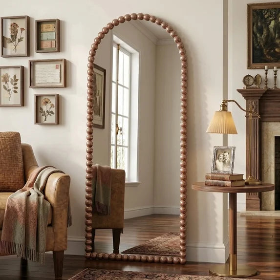 Antok Arched Full Length Mirror, Beaded Metal Frame Floor Mirror