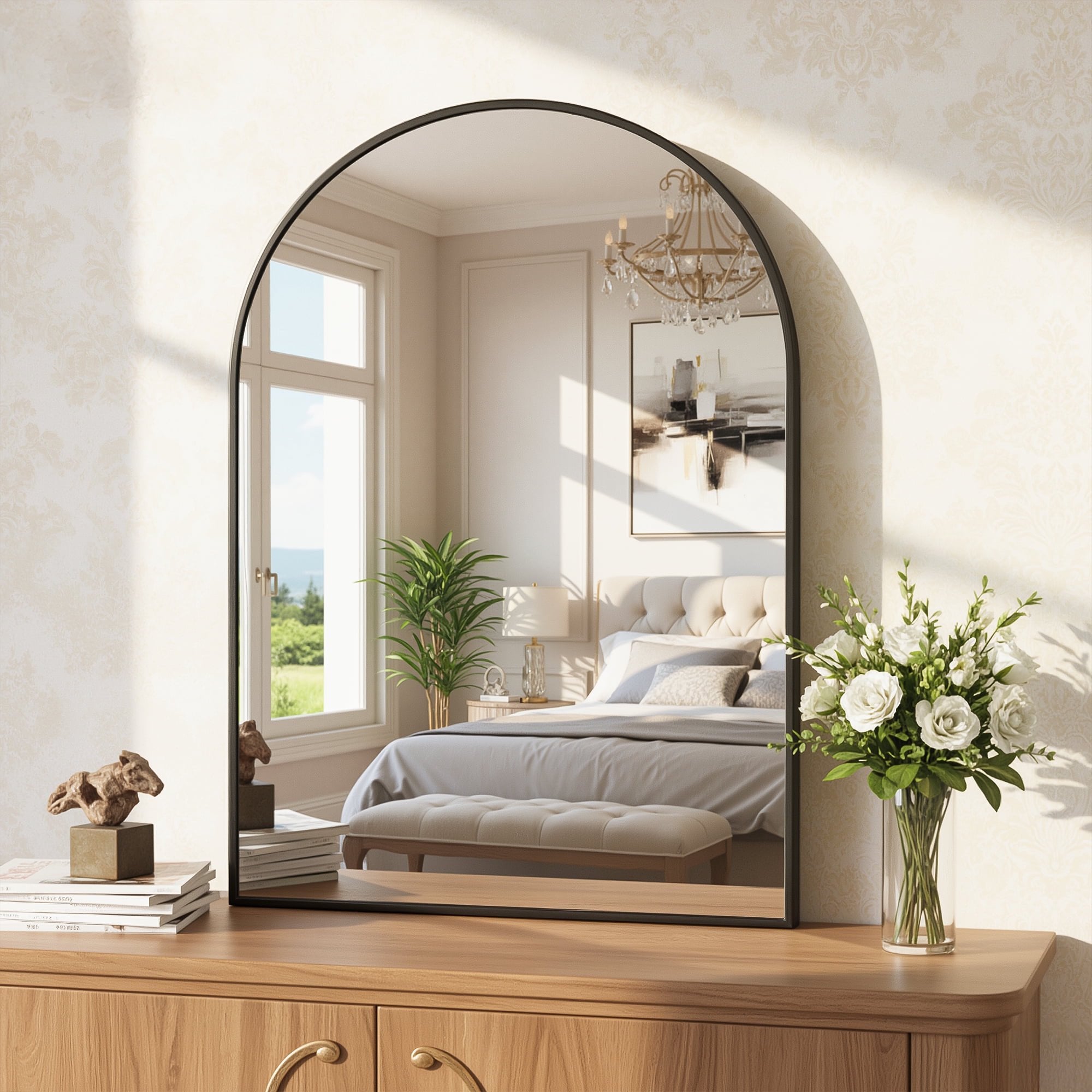 Antok 30"x20" Arched Rectangular Wall Mirror, Metal Framed Bathroom Vanity Mirror, Black