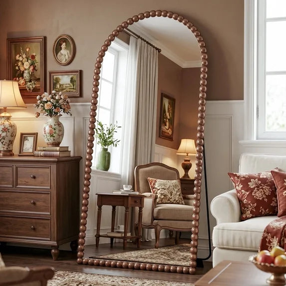 Antok Arched Full Length Mirror, Beaded Metal Frame Floor Mirror