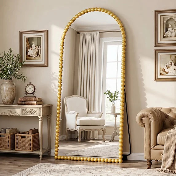 Antok Arched Full Length Mirror, Beaded Metal Frame Floor Mirror