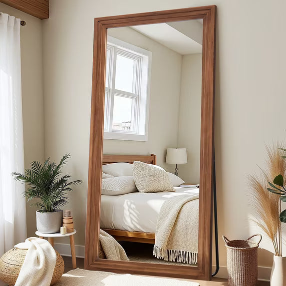 Antok Full Length Mirror with Stand, Standing Floor Mirror with Solid Wooden Frame Full Body Mirror