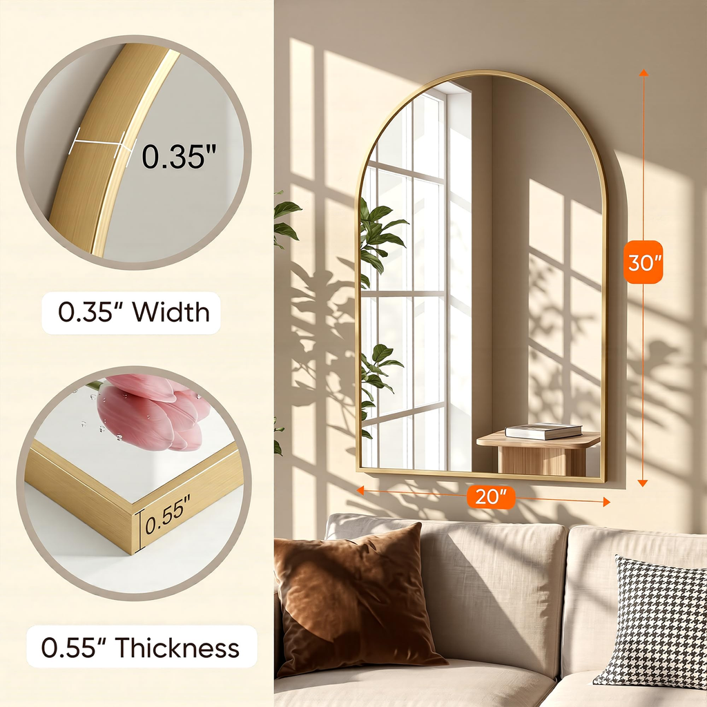 Antok Arched Bathroom Mirror, Wall Mounted Mirror, Vanity Mirrors for Over Sink, Aluminum Alloy Frame Bathroom Mirrors Living Room, Bedroom and Entryway