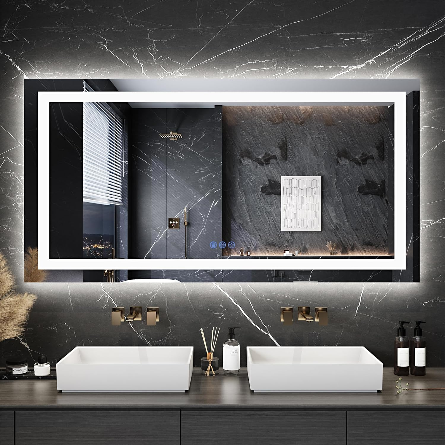 Antok LED Bathroom Mirror with Lights, Anti-Fog, Dimmable, Lighted Vanity Mirror with Tempered Glass, Memory Function, Safe Use, Horizontal, Vertical, Wall Mount