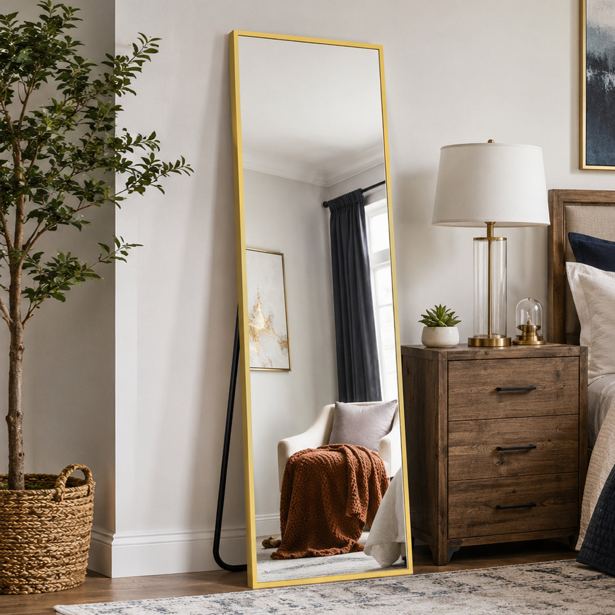 Antok Full Length Floor Mirror Rectangle Floor Standing Tall Mirror with Aluminum Frame, Leaning, Wall Mounted or Freestanding