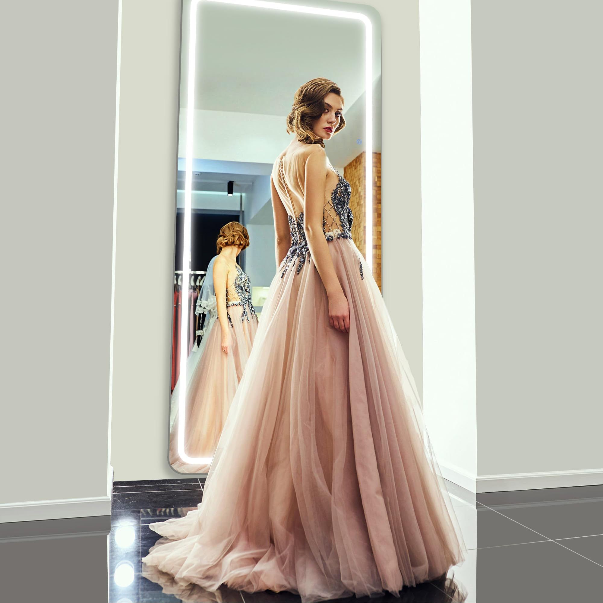 Antok LED Full Length Mirror with Light, Lighted Full Body Mirror with Stand, Dimmable & 3 Color Lighting Standing/Leaning/Wall Mounted Vanity Mirror for Bedroom Cloakroom Livingroom