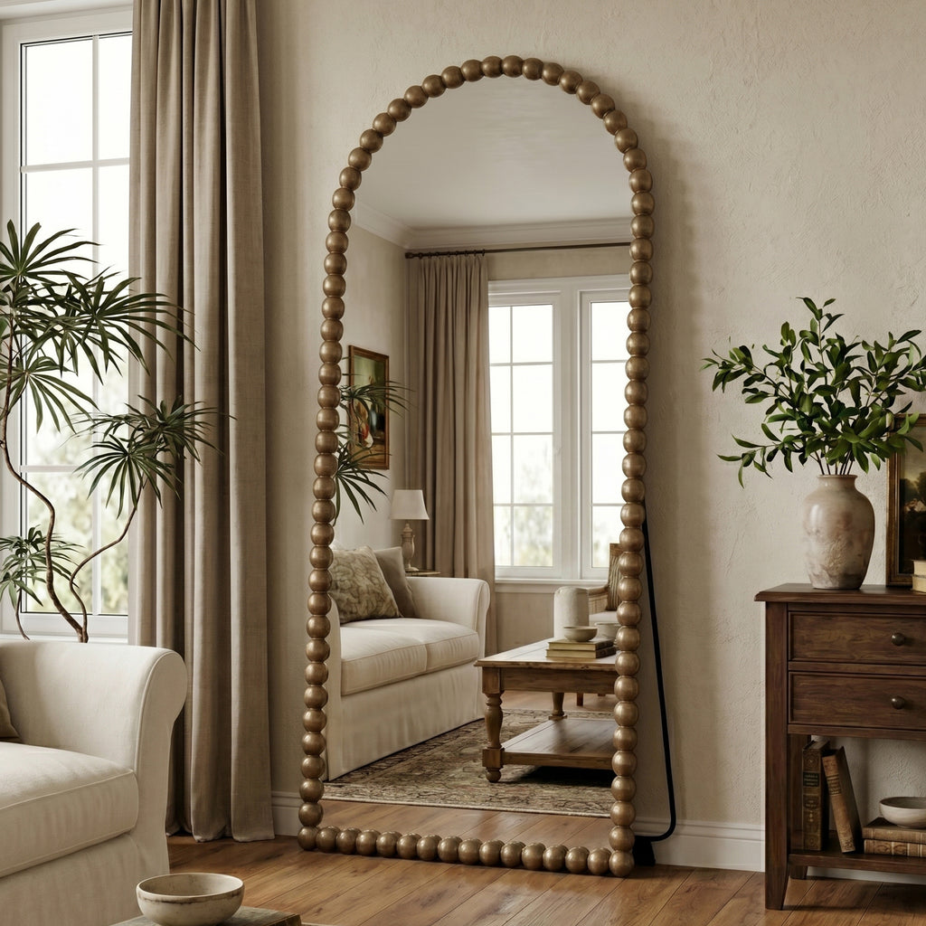 Antok Arched Full Length Mirror, Beaded Metal Frame Floor Mirror