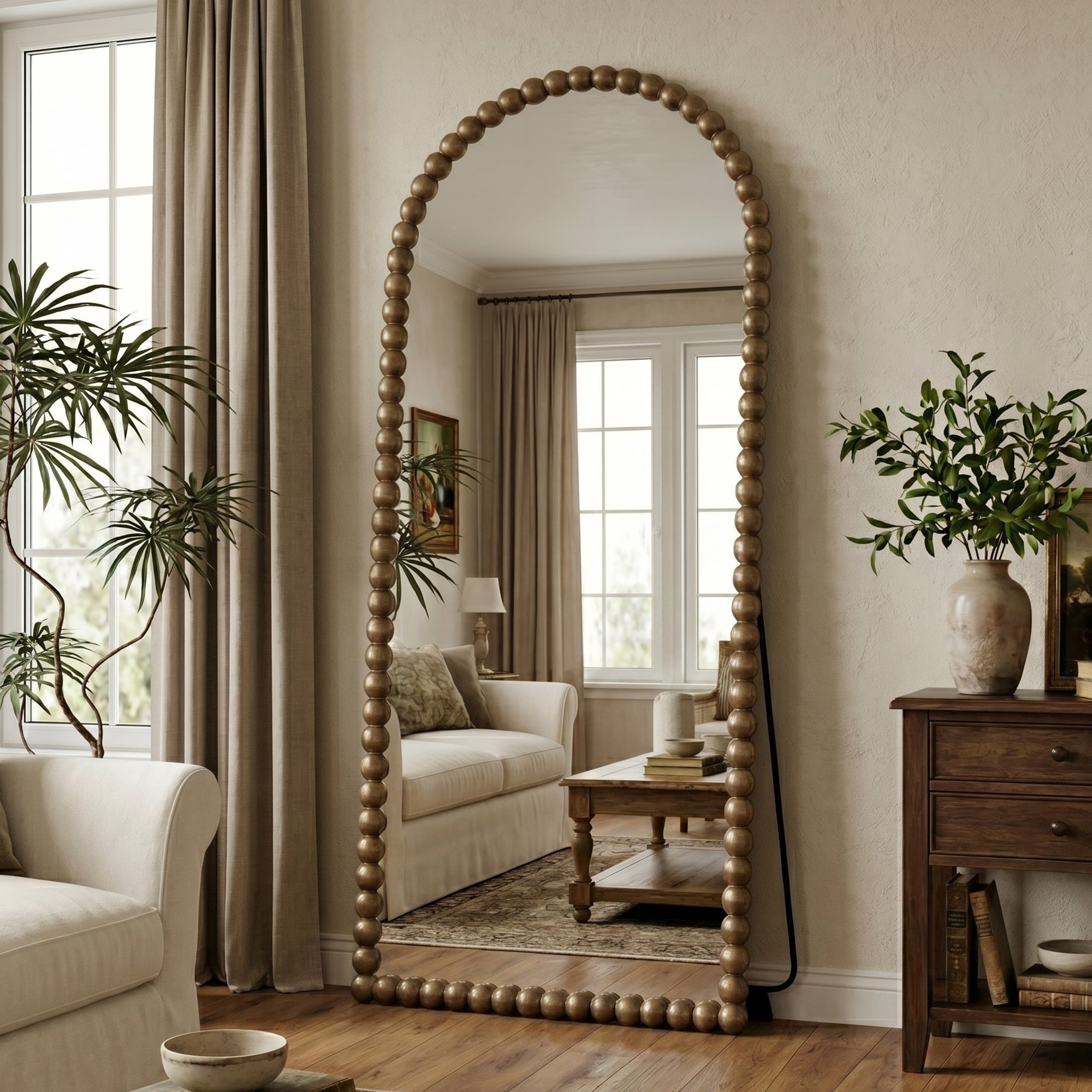 Antok Arched Full Length Mirror, Beaded Metal Frame Floor Mirror