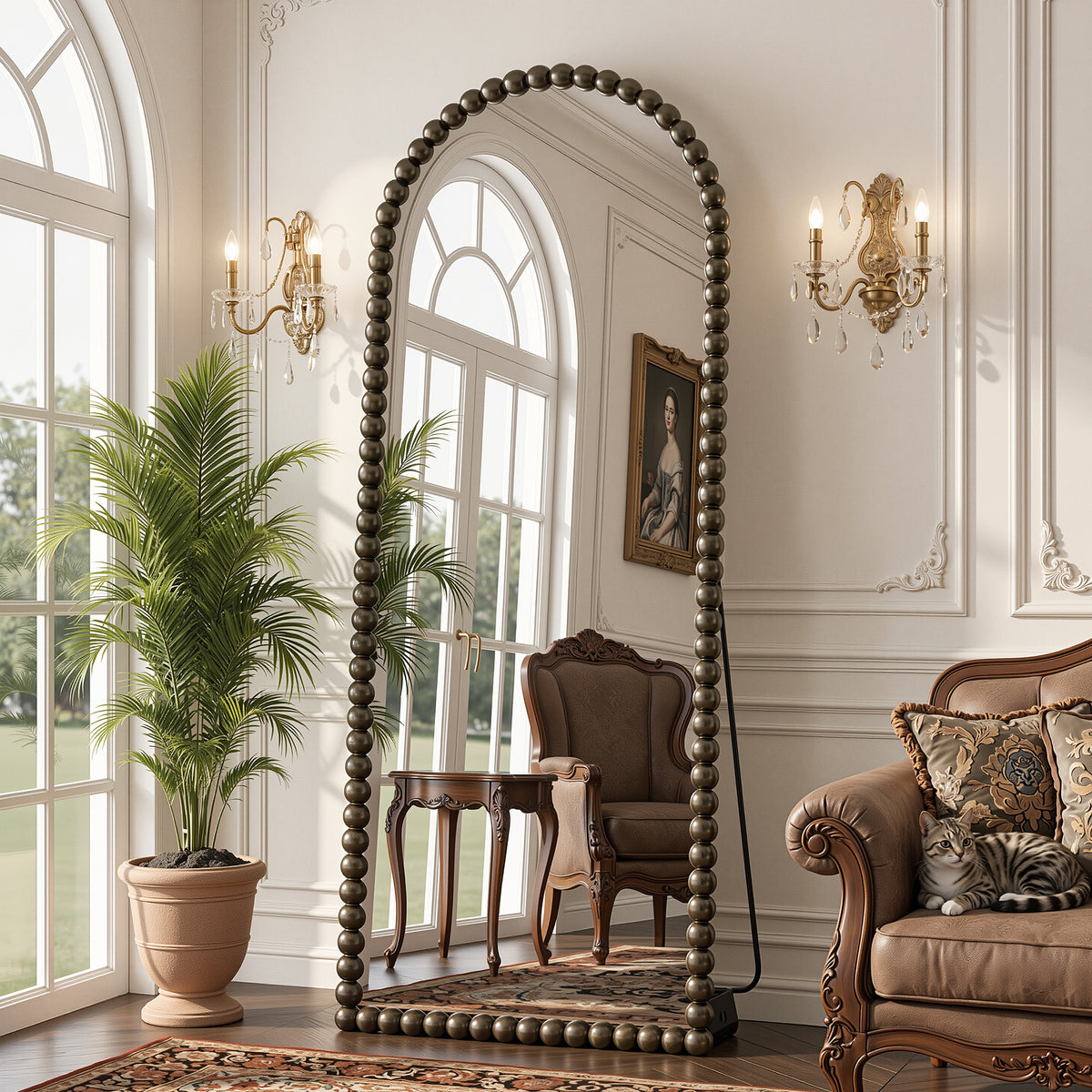 Antok Arched Full Length Mirror, Beaded Metal Frame Floor Mirror