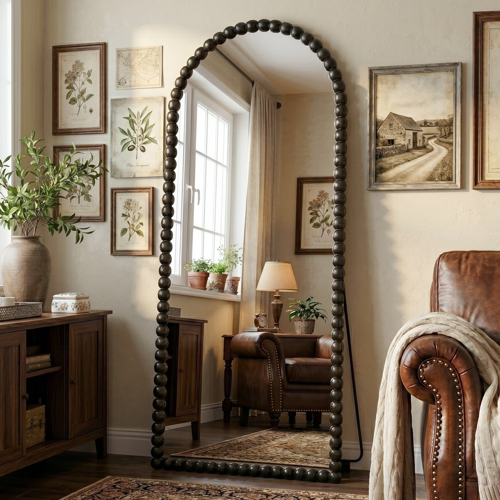 Antok Arched Full Length Mirror, Beaded Metal Frame Floor Mirror