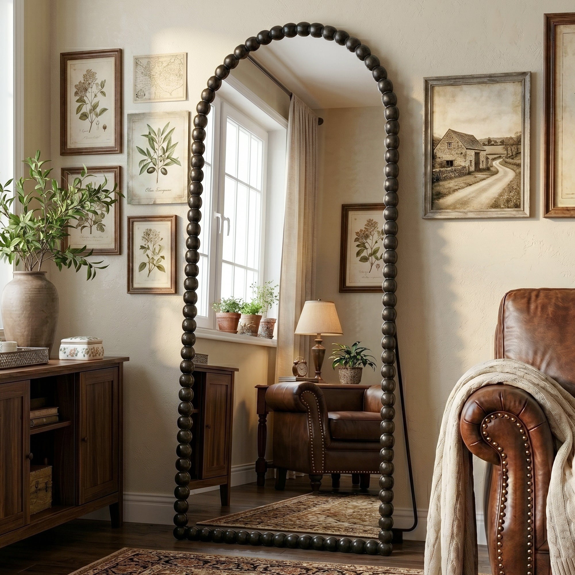 Antok Arched Full Length Mirror, Beaded Metal Frame Floor Mirror