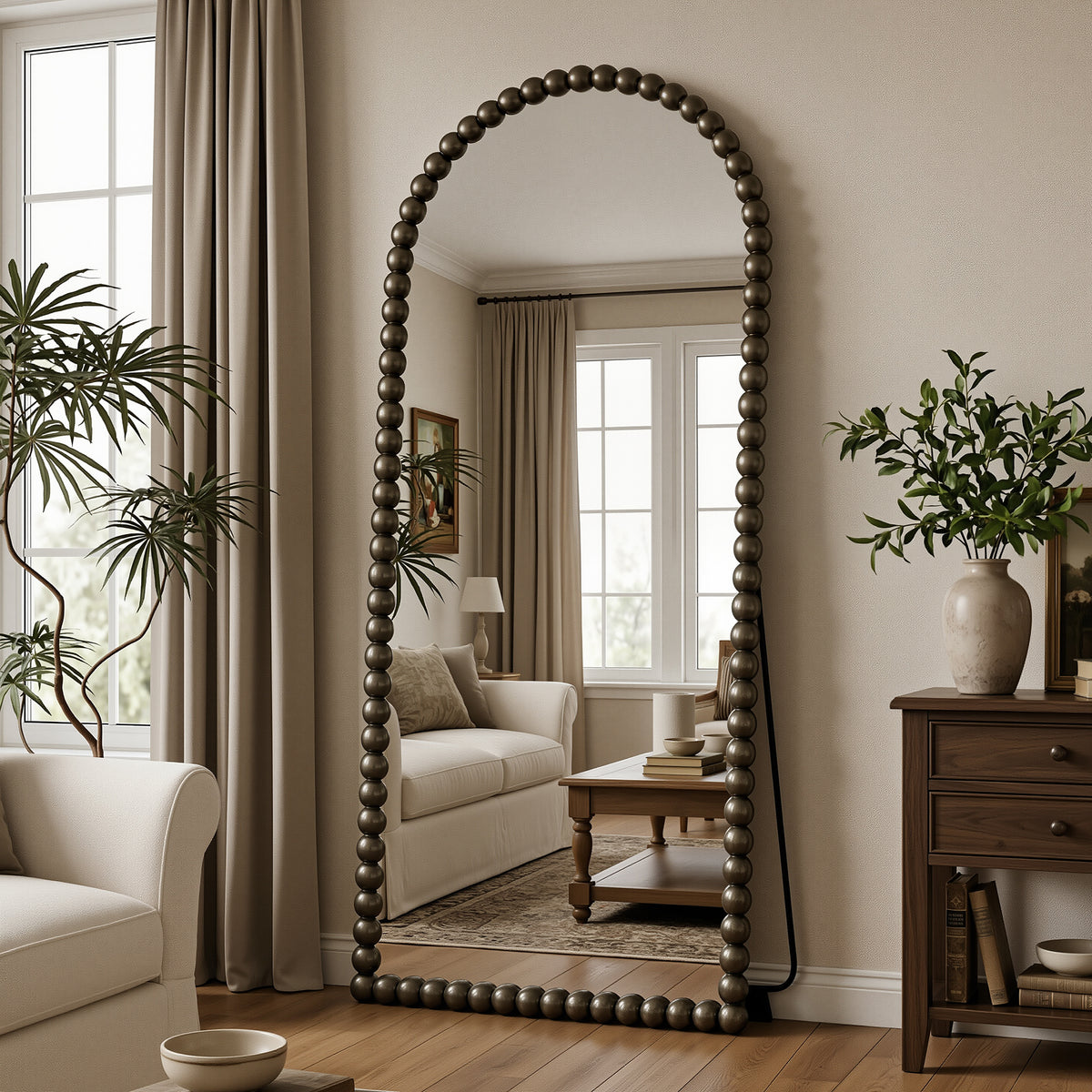 Antok Arched Full Length Mirror, Beaded Metal Frame Floor Mirror