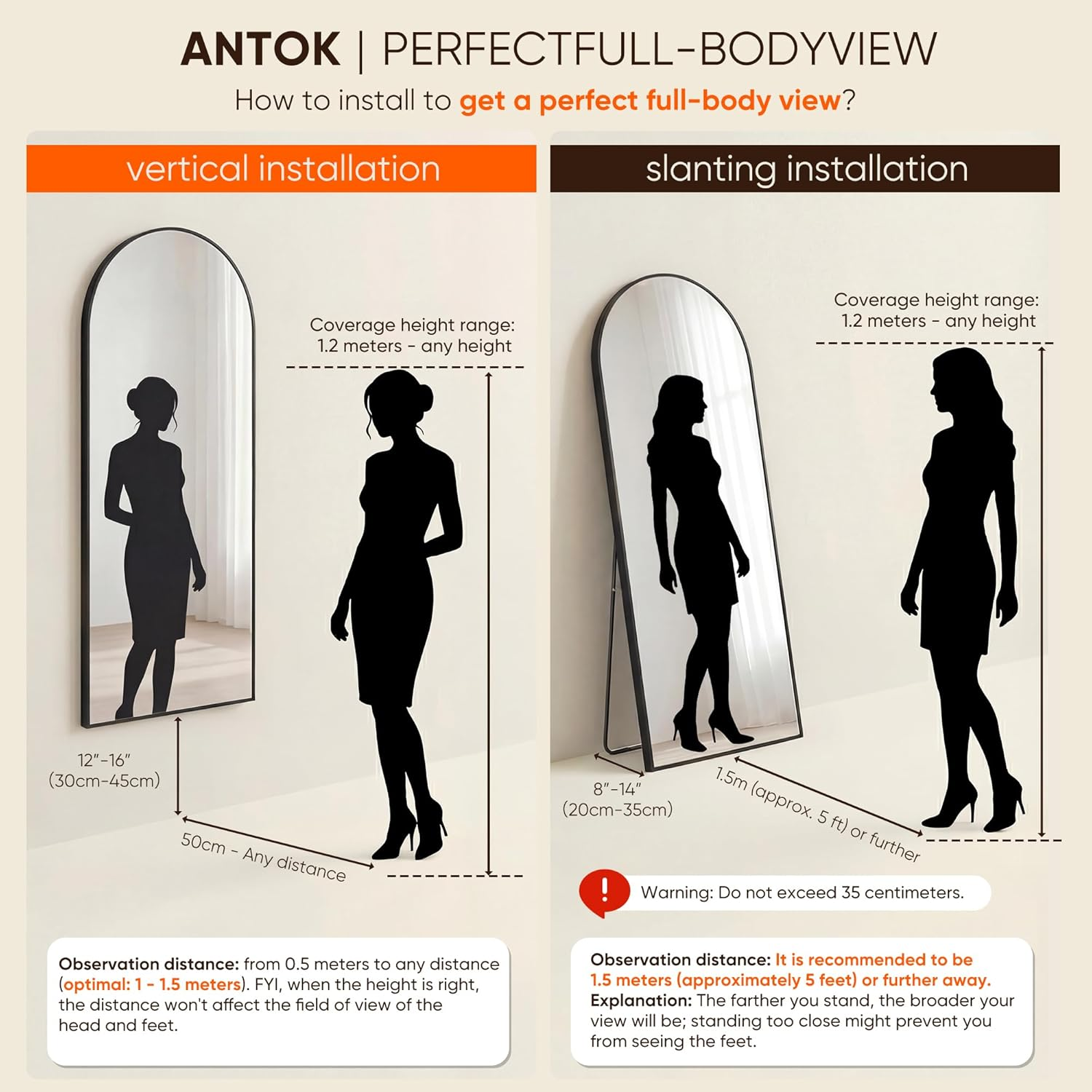 Antok Full Length Floor Mirror, Aluminum Frame, Free Standing/Wall Mount/Leaning for Bedroom, Living Room, Dressing Room