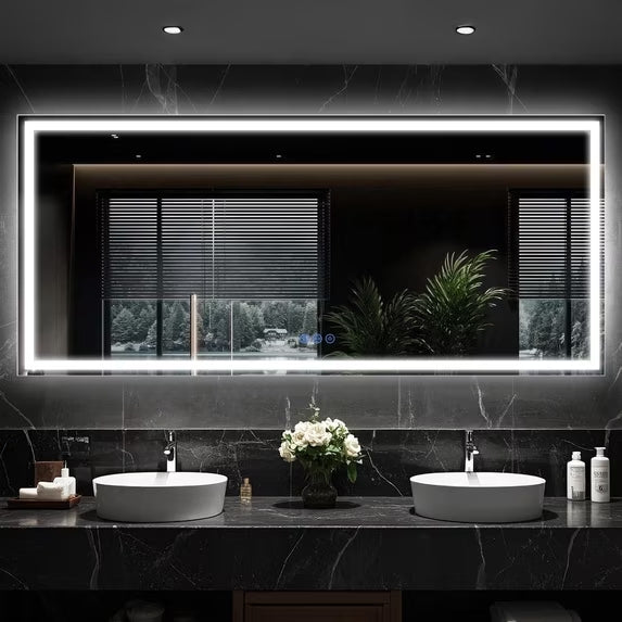 Antok LED Bathroom Mirror with Lights, Anti-Fog, Dimmable, Lighted Vanity Mirror with Tempered Glass, Memory Function, Safe Use, Horizontal, Vertical, Wall Mount
