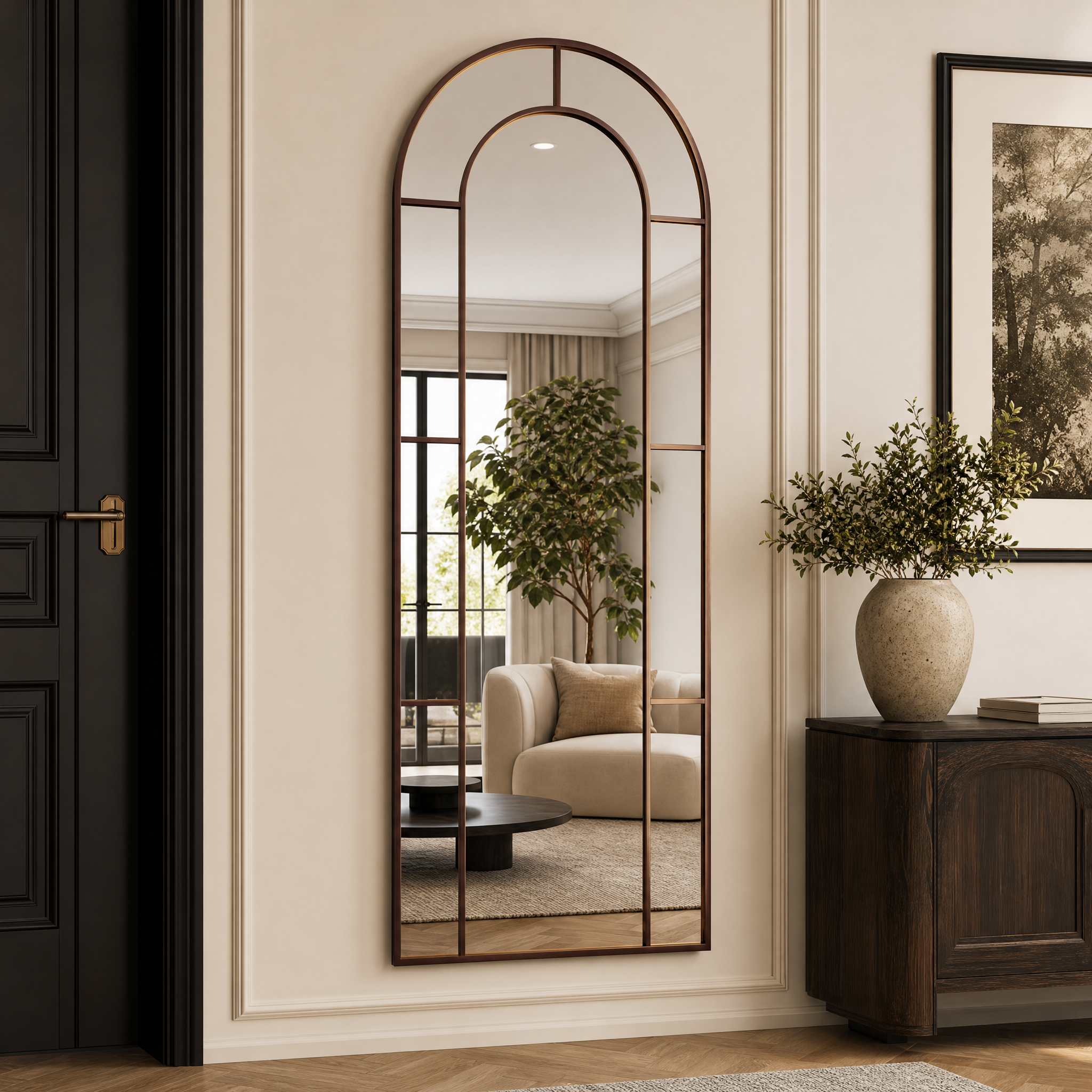 Antok 58"x 21" Arched Full Length Windowpane Mirror Metal Framed Wall Decor Floor Mirror, Bronze