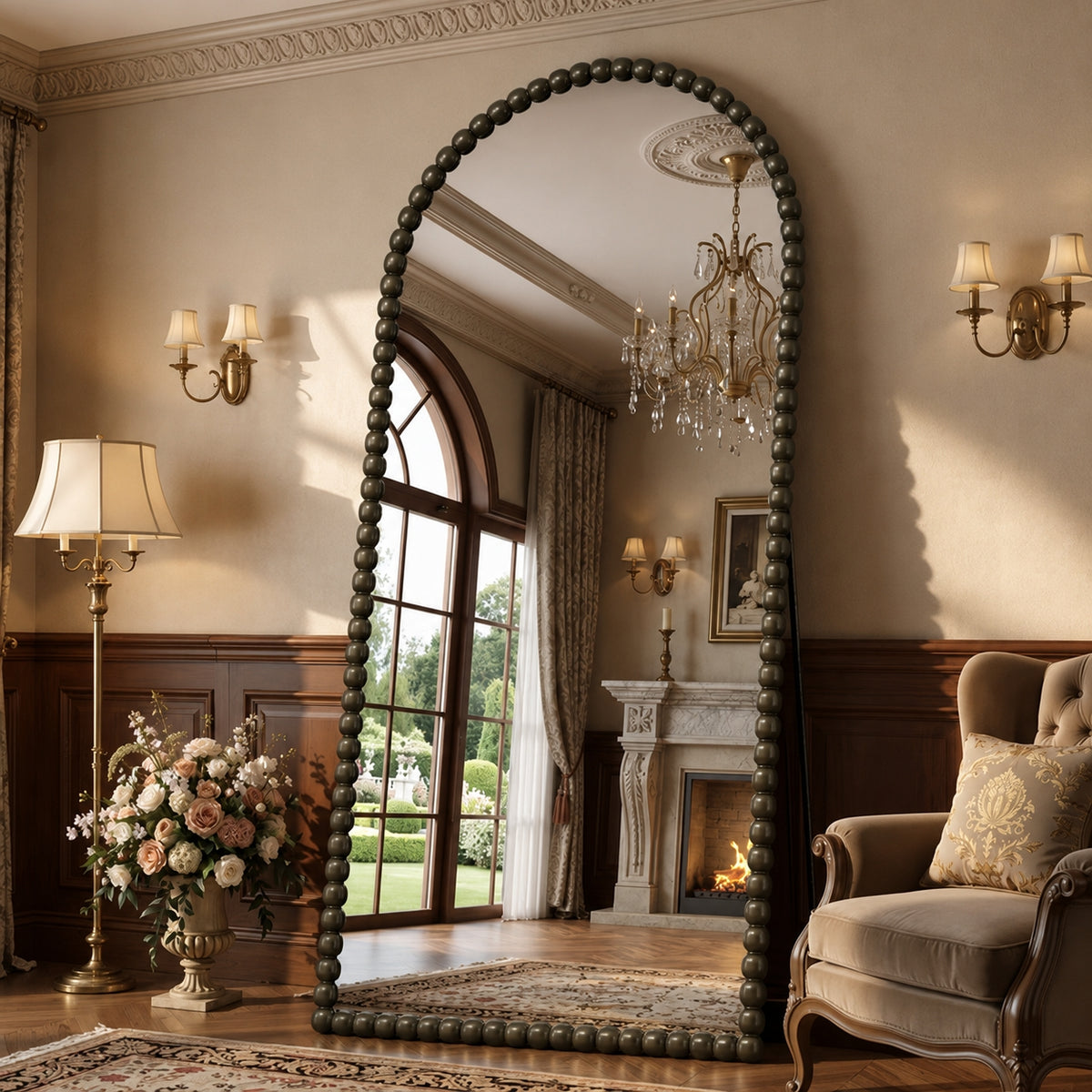 Antok Arched Full Length Mirror, Beaded Metal Frame Floor Mirror