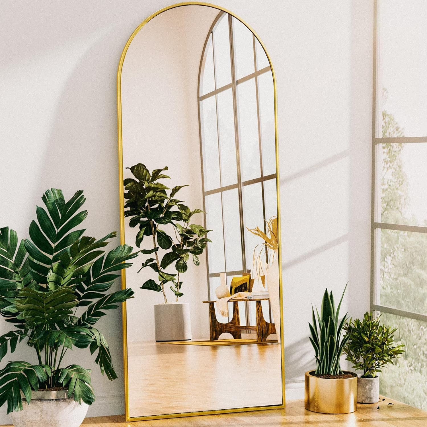 Antok 58"x21" Arched Full Length Mirror with Stand - Gold Frame Standing Floor Mirror, Full Body Mirror, Shatterproof, Freestanding/Wall Mount, for Bedroom, Dressing Room