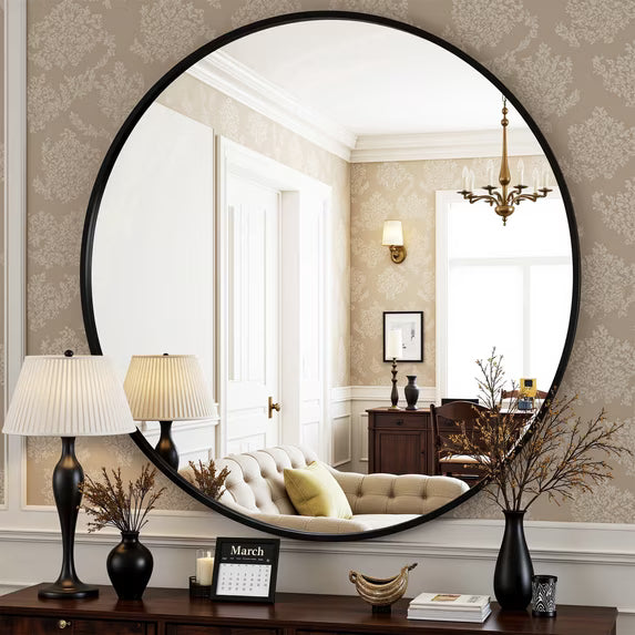 Antok Round Wall Mirror, Metal Framed Bathroom Vanity Mirror