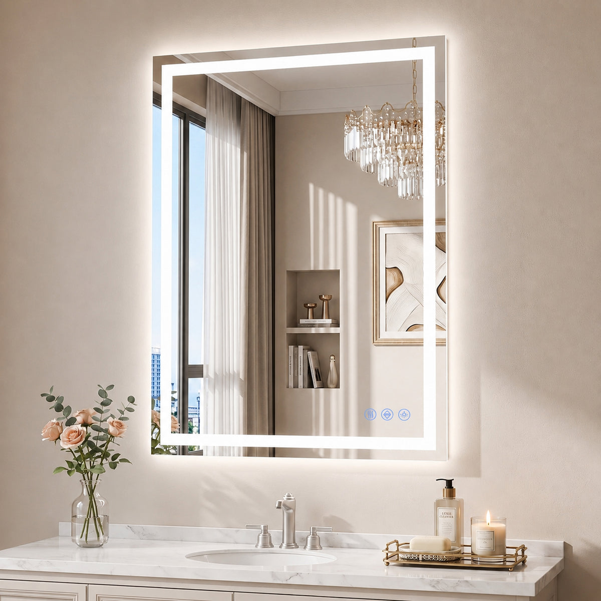 Antok 24"x 32" LED Bathroom Mirror, Lighted Vanity Mirror with 3 Color Modes, Dimmable, Anti-Fog, Memory Function, Tempered Glass, Vertical/Horizontal Wall Mount