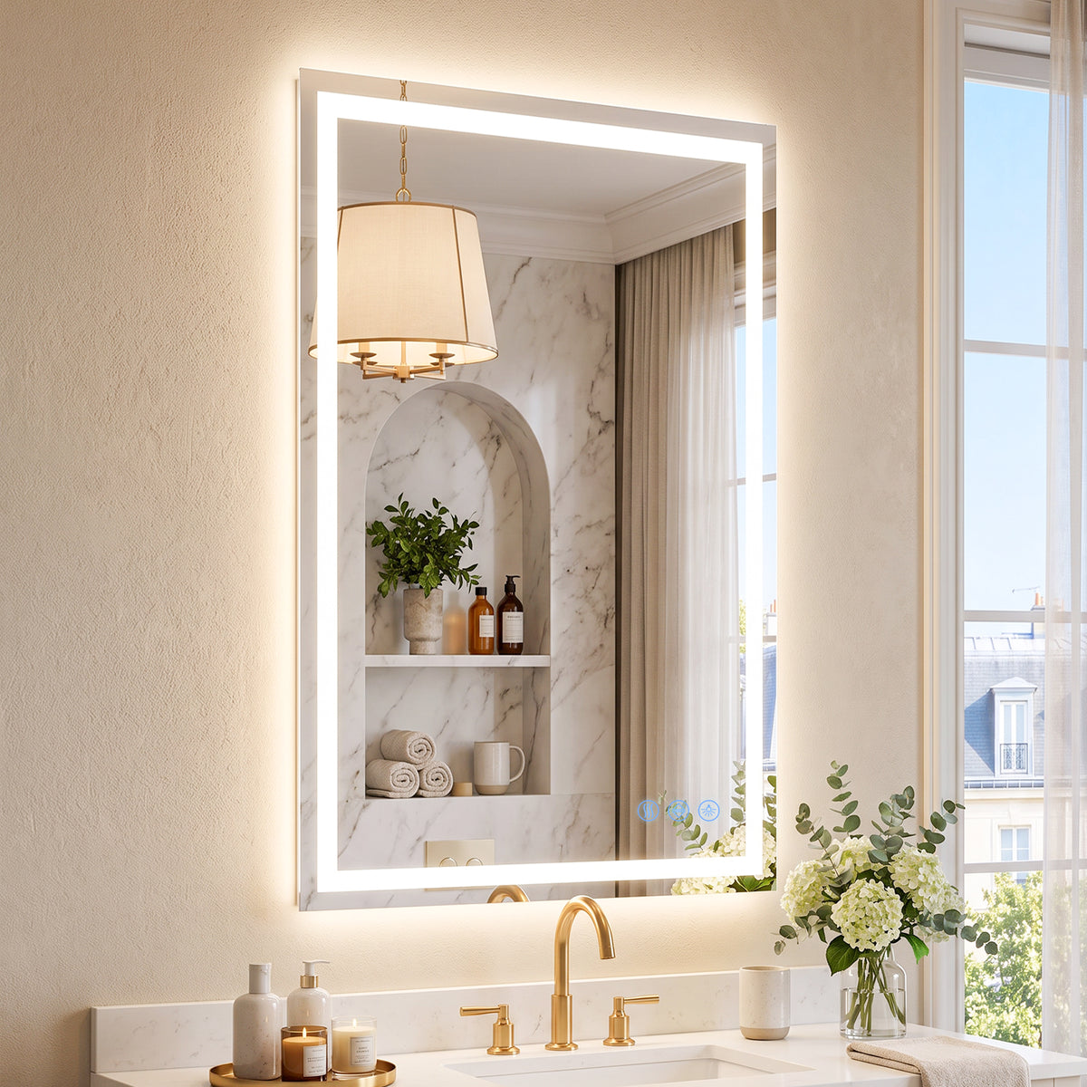 Antok 24"x 36" LED Bathroom Mirror, Lighted Vanity Mirror with 3 Color Modes, Dimmable, Anti-Fog, Memory Function, Tempered Glass, Vertical/Horizontal Wall Mount