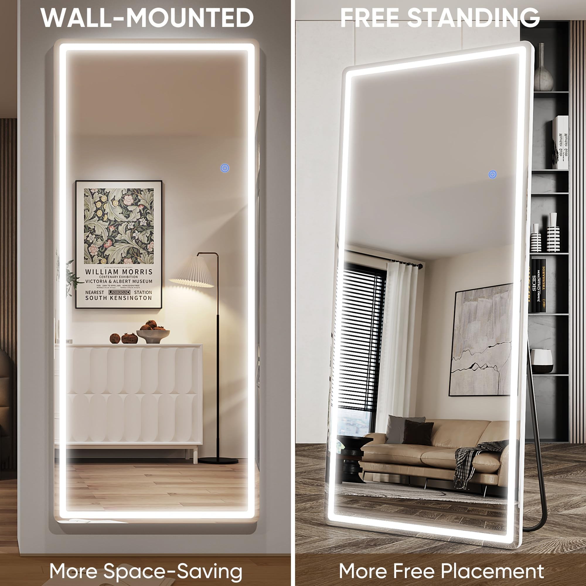 Antok LED Full Length Mirror with Light, Lighted Full Body Mirror with Stand, Dimmable & 3 Color Lighting Standing/Leaning/Wall Mounted Vanity Mirror for Bedroom Cloakroom Livingroom