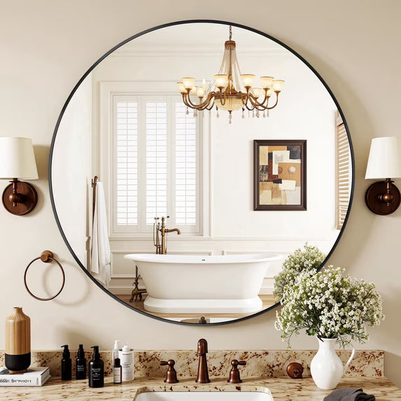 Antok Round Wall Mirror, Metal Framed Bathroom Vanity Mirror