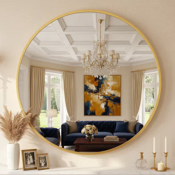 Antok Round Wall Mirror, Metal Framed Bathroom Vanity Mirror