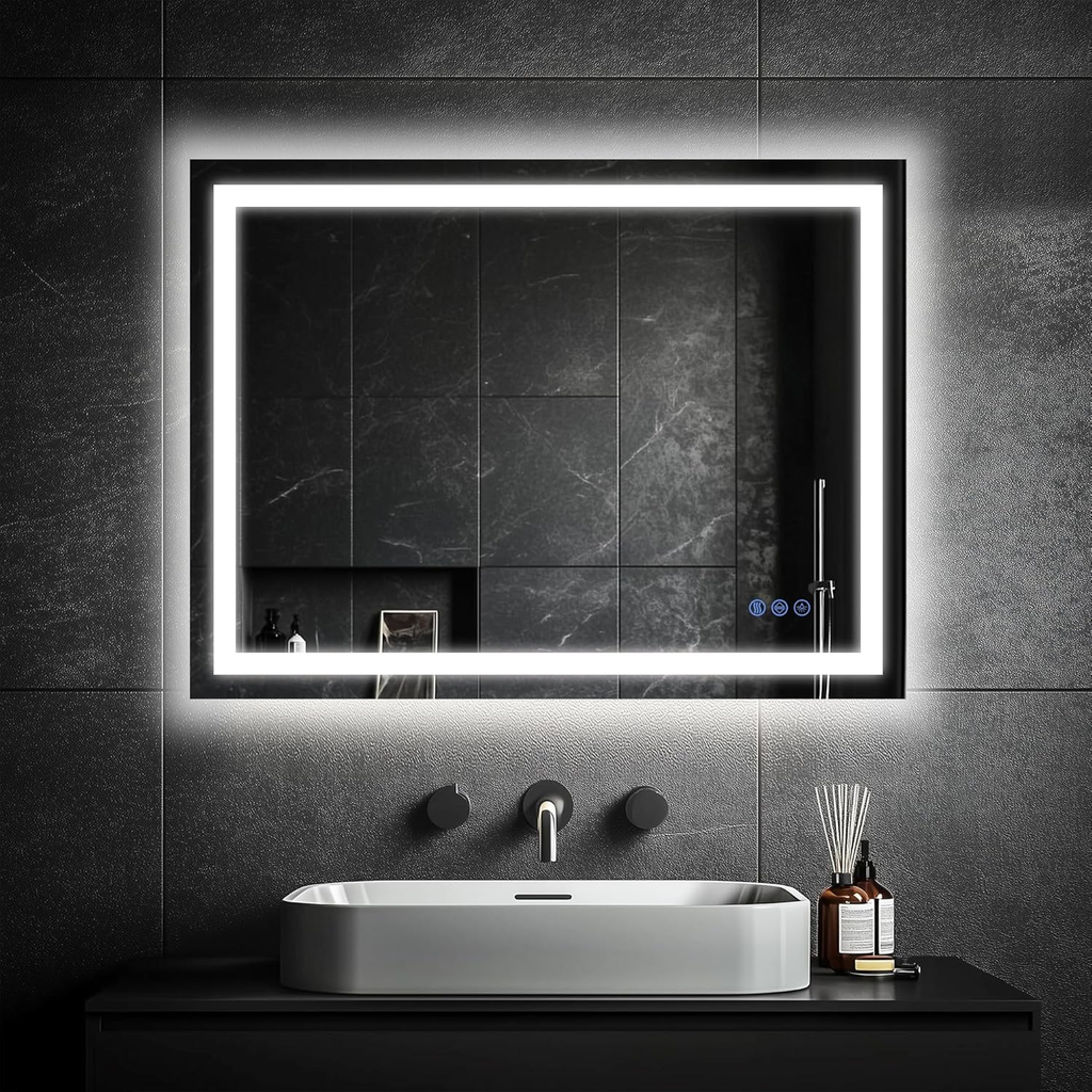 Antok LED Bathroom Mirror with Lights, Anti-Fog, Dimmable, Lighted Vanity Mirror with Tempered Glass, Memory Function, Safe Use, Horizontal, Vertical, Wall Mount