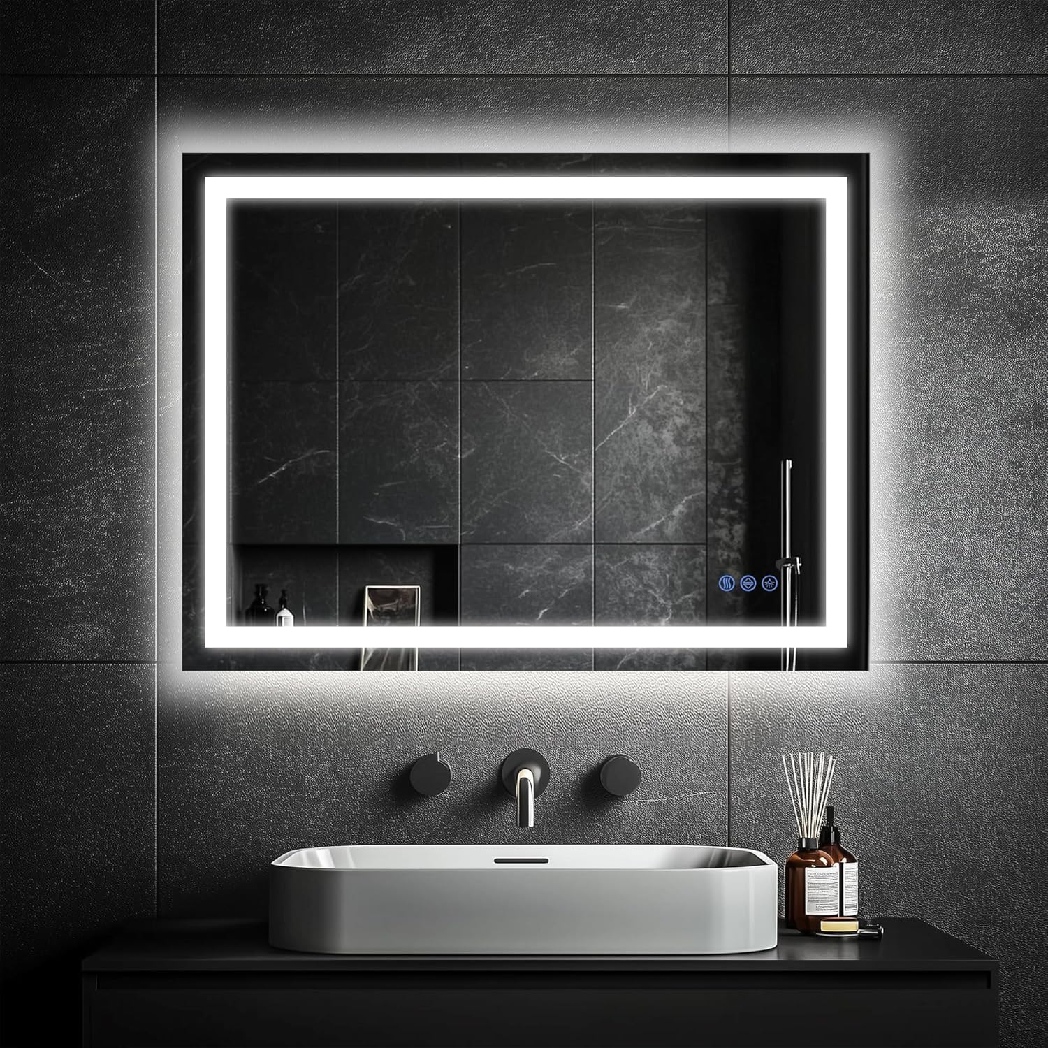 Antok LED Bathroom Mirror with Lights, Anti-Fog, Dimmable, Lighted Vanity Mirror with Tempered Glass, Memory Function, Safe Use, Horizontal, Vertical, Wall Mount