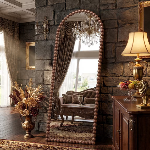 Antok Arched Full Length Mirror, Beaded Metal Frame Floor Mirror