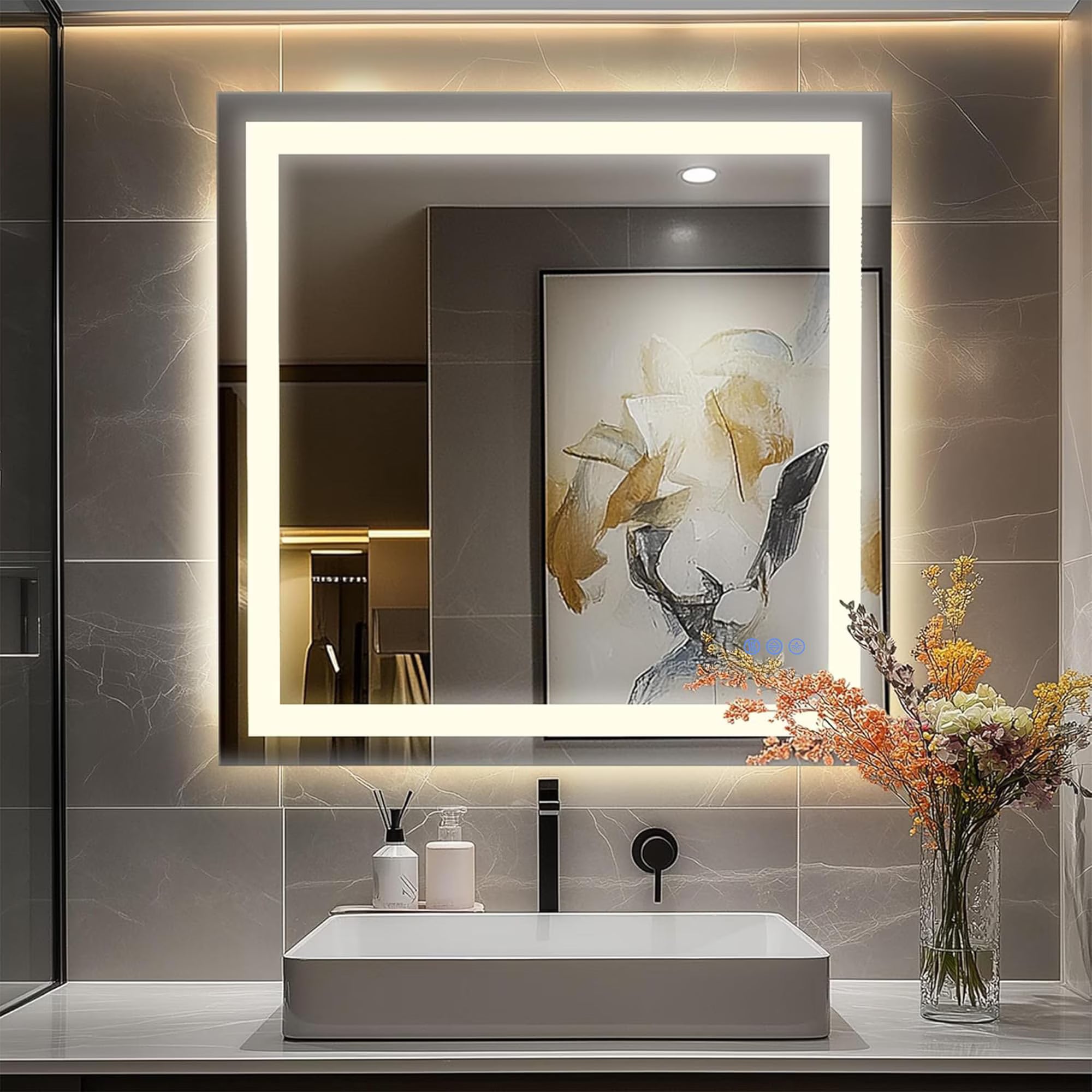 Antok 36"x 36" LED Bathroom Mirror, Lighted Vanity Mirror with 3 Color Modes, Dimmable, Anti-Fog, Memory Function, Tempered Glass, Vertical/Horizontal Wall Mount