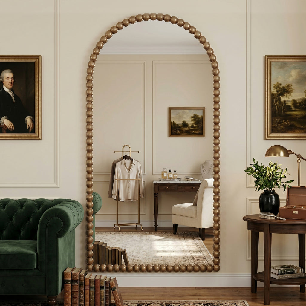 Antok Arched Full Length Mirror, Beaded Metal Frame Floor Mirror