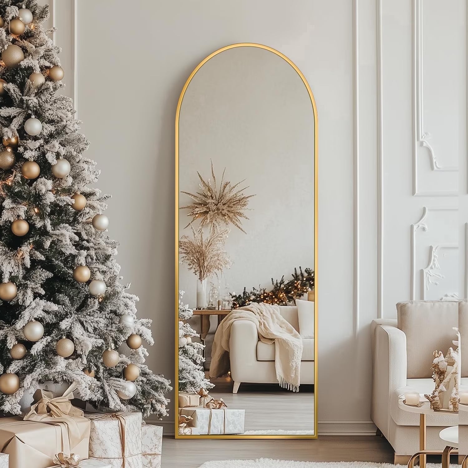 Antok 59"x16" Arched Full Length Mirror with Stand - Gold Frame Standing Floor Mirror, Full Body Mirror, Shatterproof, Freestanding/Wall Mount, for Bedroom, Dressing Room