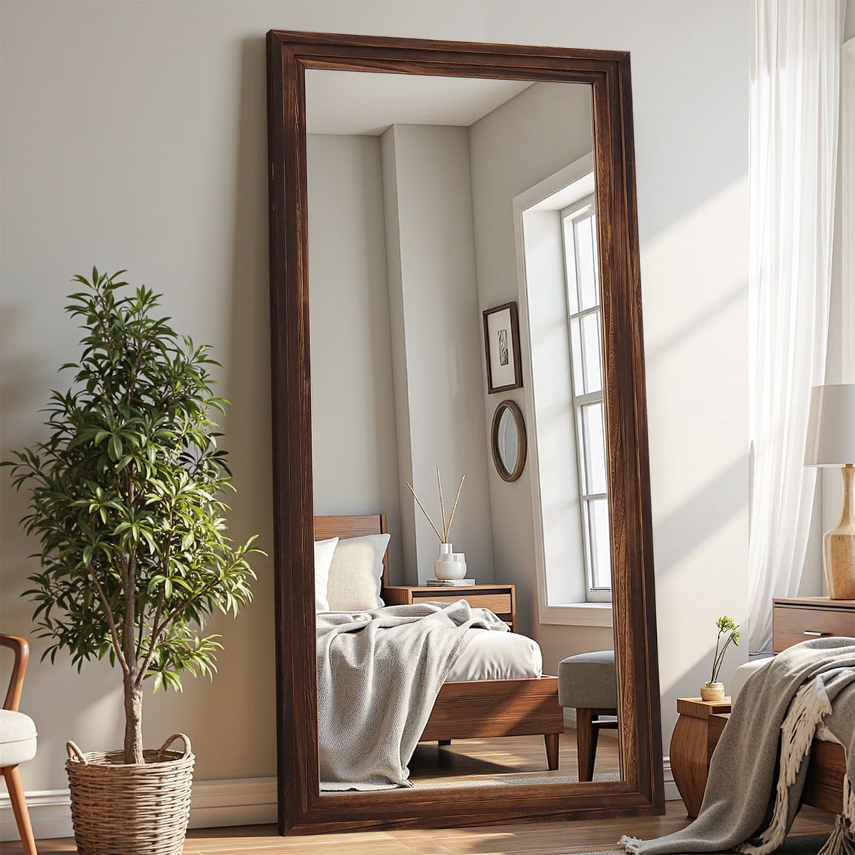 Antok 71"x32" Rectangle Full Length Mirror with Stand, Standing Floor Mirror with Solid Wooden Frame Full Body Mirror, Vintage Walnut