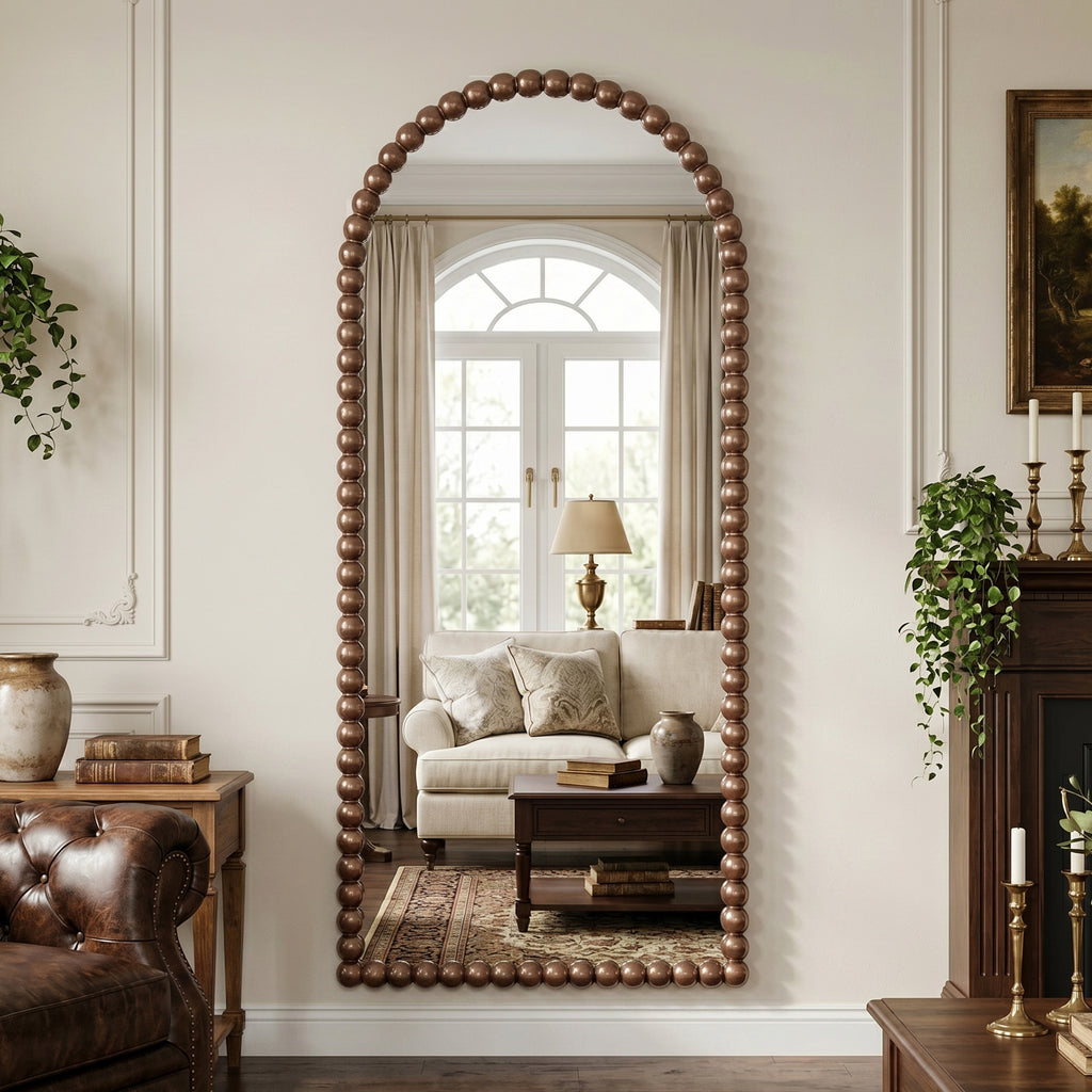 Antok Arched Full Length Mirror, Beaded Metal Frame Floor Mirror