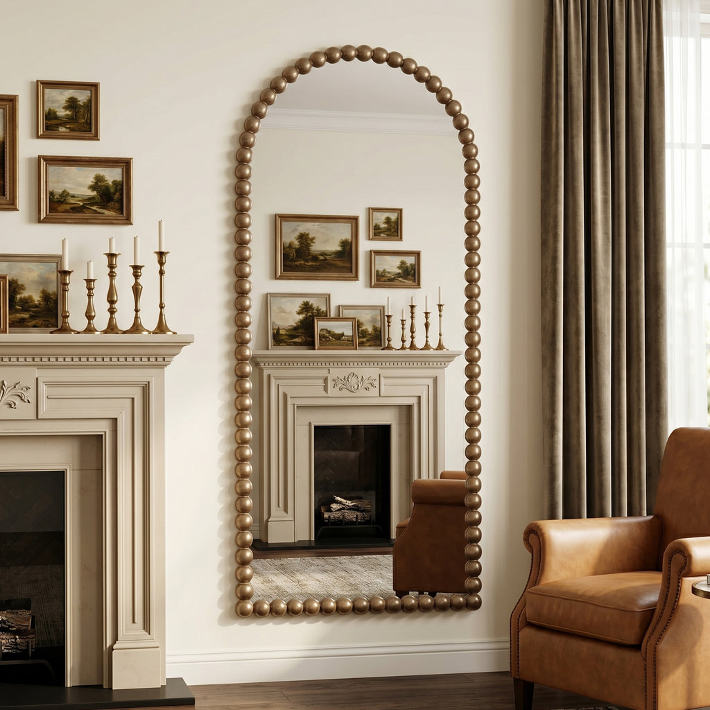 Antok Arched Full Length Mirror, Beaded Metal Frame Floor Mirror