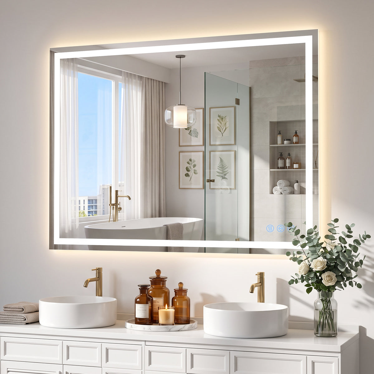 Antok 40"x 30" LED Bathroom Mirror, Lighted Vanity Mirror with 3 Color Modes, Dimmable, Anti-Fog, Memory Function, Tempered Glass, Vertical/Horizontal Wall Mount