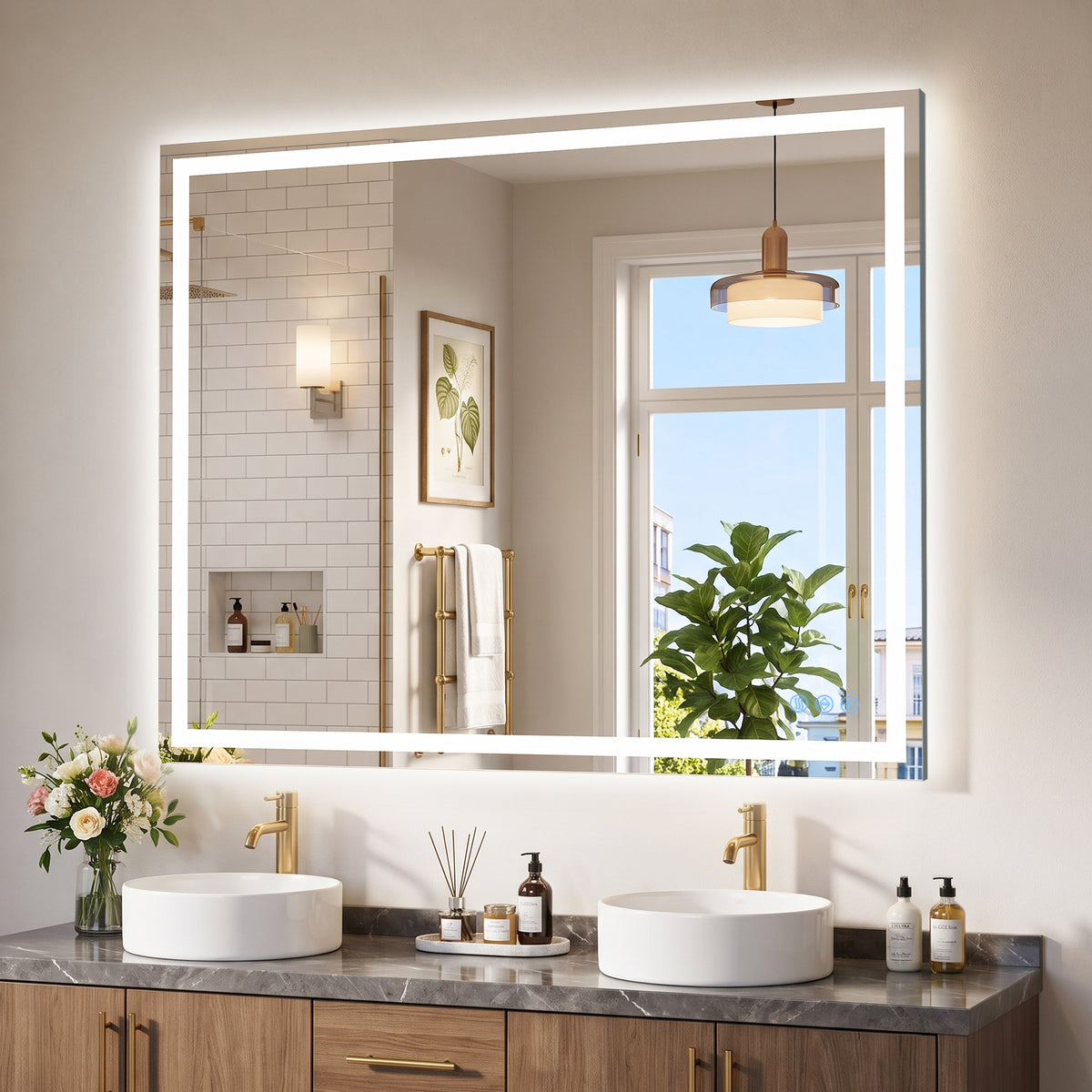 Antok 48"x 32" LED Bathroom Mirror, Lighted Vanity Mirror with 3 Color Modes, Dimmable, Anti-Fog, Memory Function, Tempered Glass, Vertical/Horizontal Wall Mount