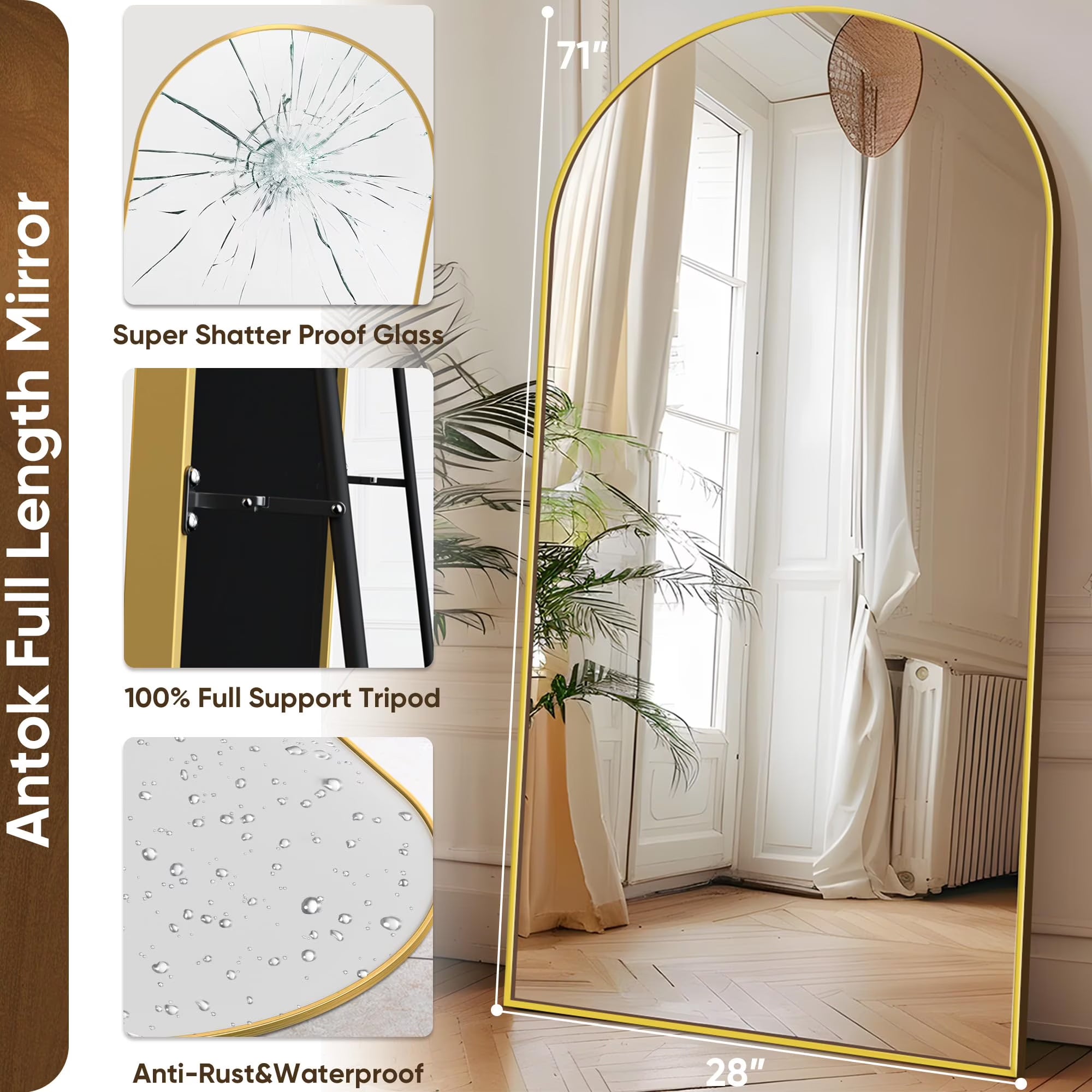 Antok 71"x 28.2" Arched Full Length Mirror Standing Floor Mirror Stand Up Mirror, Gold Frame