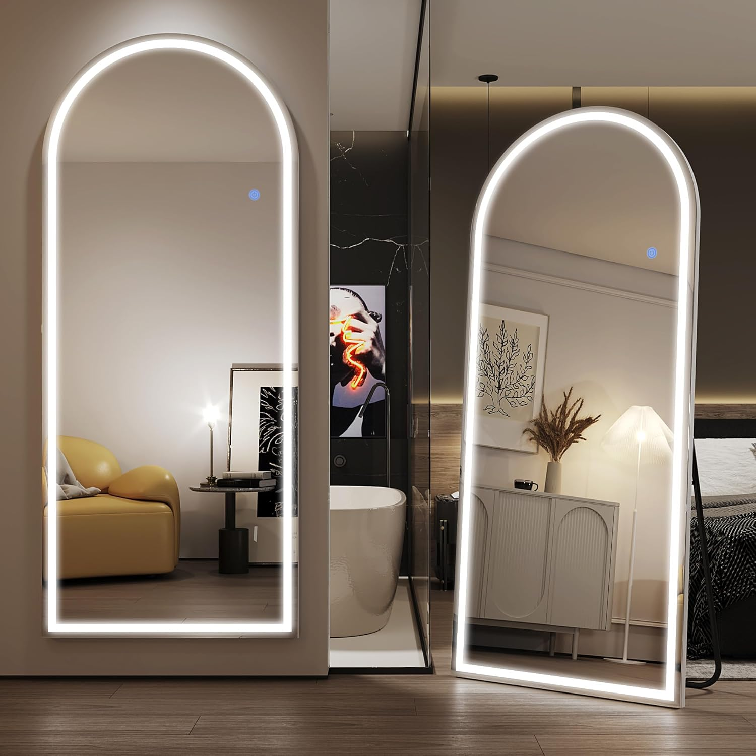 Antok LED Full Length Mirror with Light, Lighted Full Body Mirror with Stand, Dimmable & 3 Color Lighting Standing/Leaning/Wall Mounted Vanity Mirror for Bedroom Cloakroom Livingroom