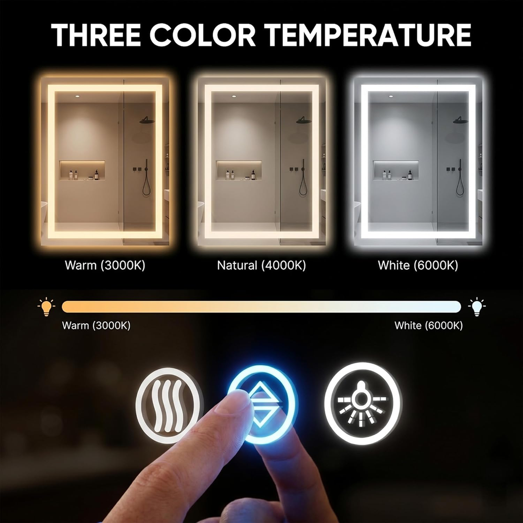 Antok LED Bathroom Mirror with Lights, Anti-Fog, Dimmable, Lighted Vanity Mirror with Tempered Glass, Memory Function, Safe Use, Horizontal, Vertical, Wall Mount