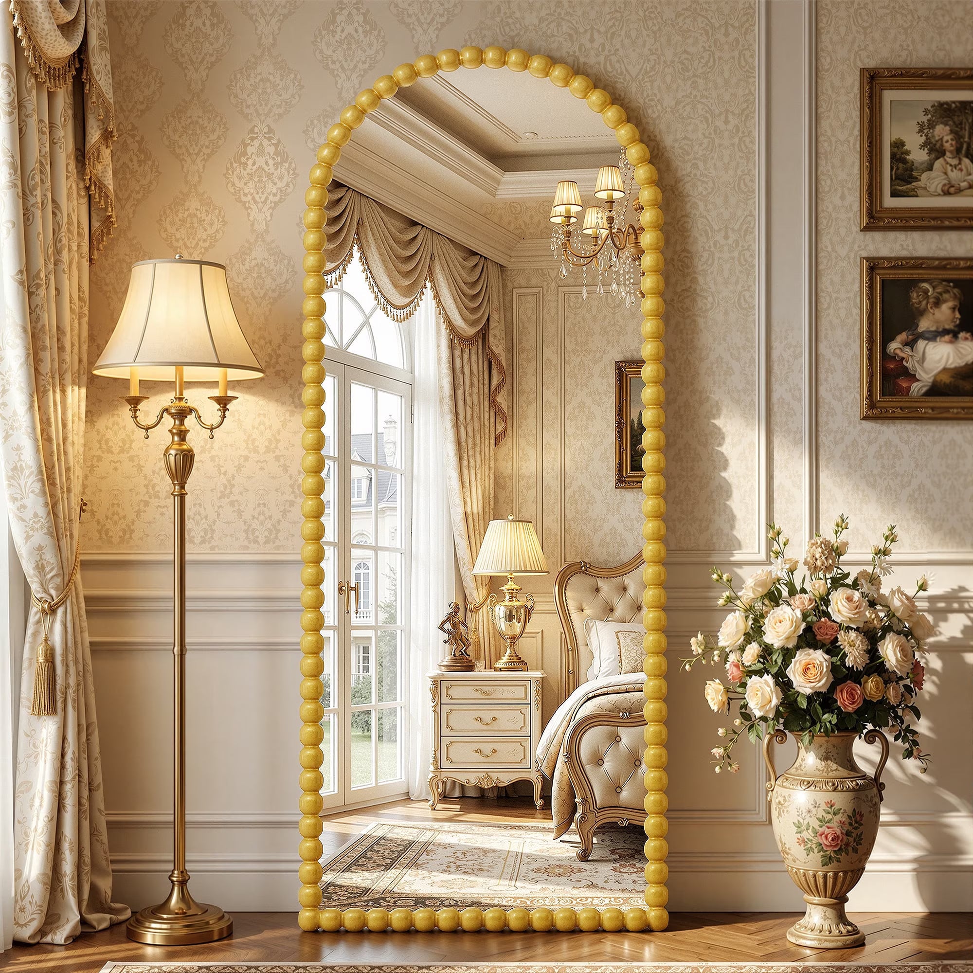 Antok Arched Full Length Mirror, Beaded Metal Frame Floor Mirror