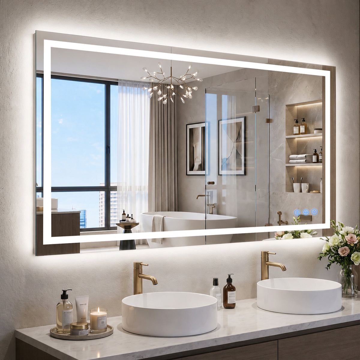 Antok 55"x 30" LED Bathroom Mirror, Lighted Vanity Mirror with 3 Color Modes, Dimmable, Anti-Fog, Memory Function, Tempered Glass, Vertical/Horizontal Wall Mount