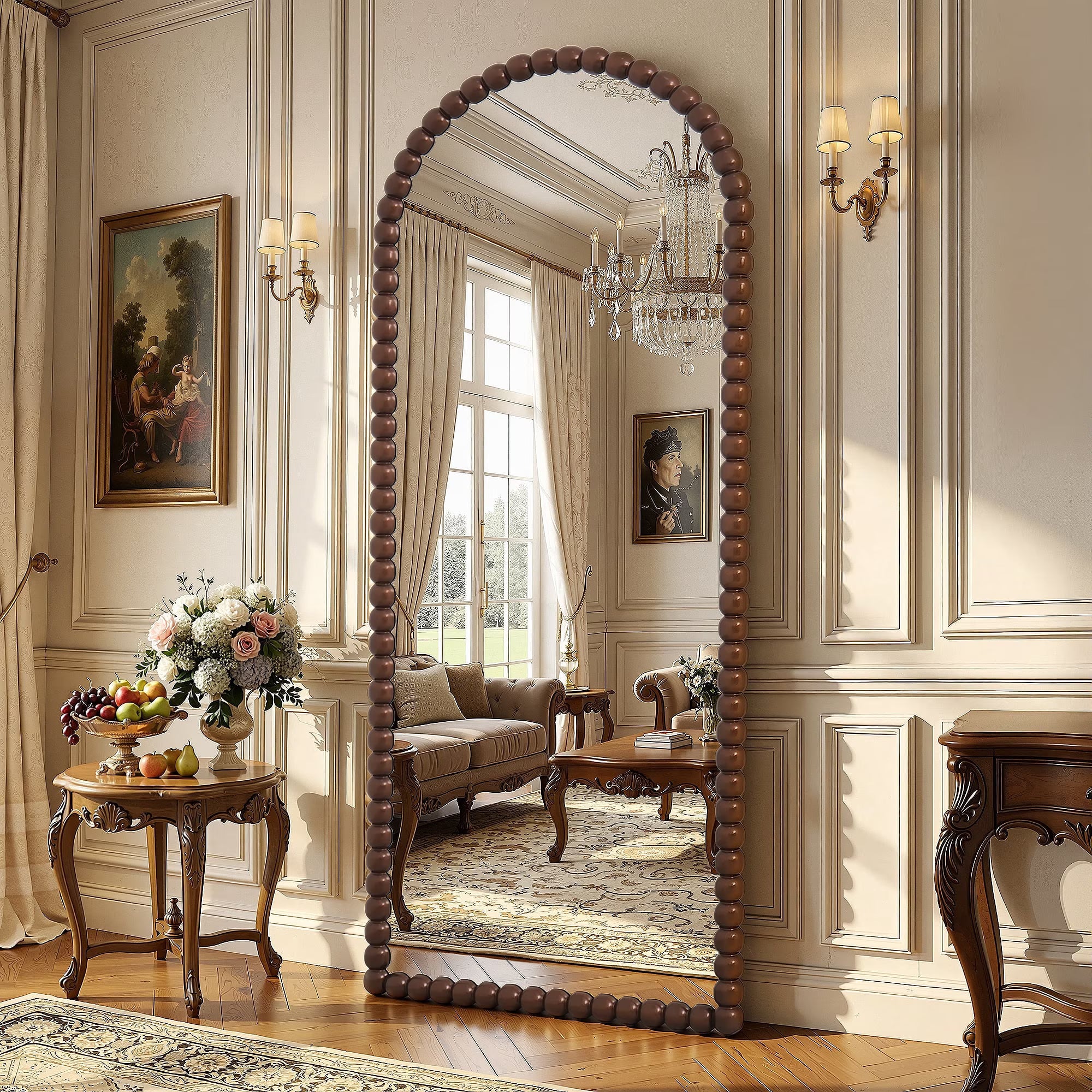 Antok Arched Full Length Mirror, Beaded Metal Frame Floor Mirror