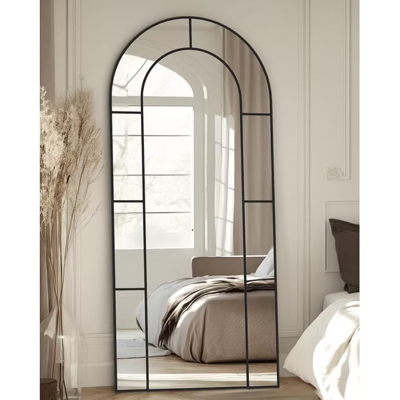 Antok 76"x 34" Arched Full Length Windowpane Mirror Metal Framed Wall Decor Floor Mirror, Black
